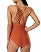 HAIVIDO Women's Shirred Bathing Suits Multi Strap Cross Back One Piece Swimsuits Deep V Neck Swimwear Monokini Rust L