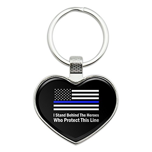 I Stand Behind The Heroes Who Protect This Line Thin Blue American Flag Heart Love Metal Keychain Key Chain Ring