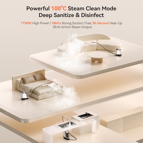 Uwant Y100 Steam 3-in-1 Carpet Spot Cleaner, 18Kpa 1750W 100℃ Steam/65℃ Hot/Cold Modes, Handheld Upholstery Cleaner Machine for Spills/Pet Messes/Sofa/Car/Stairs, Self-Cleaning Function Dual 1.2L Tank