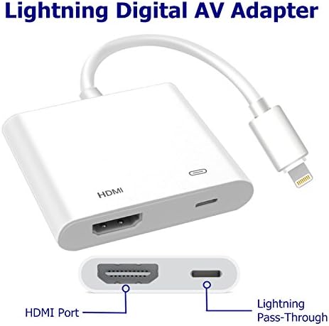 Lighting to HDMI, Lightning Digital AV Adapter, Compatible iPhone, iPad, and iPod Touch Models, with Lightning Charging Port for HD TV Monitor Projector 1080P (White)
