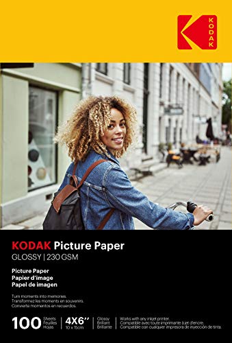 KODAK Picture Paper - Papier Photo Brillant, Pack de 100 Feuilles, Format A6 (10x15cm), 230g/m², Idéal pour Impressions Jet d'Encre, Couleurs Éclatantes et Contraste Élevé, Finition Haute Qualité