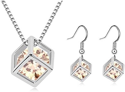 KARMO Women's CZ Cubic Zirconia Square Magic Cube Pendant Necklace and Dangle Earrings Jewelry Set