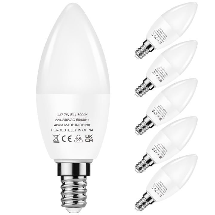 JandCase 7W E14 LED Candle Bulbs, 60W Bulbs Equivalent, Cool White 6000K, SES Small Edison Screw Candle Light Bulbs, C37 LED Candle Light Bulbs, 600LM, Non-Dimmable, Energy Saving, Pack of 6