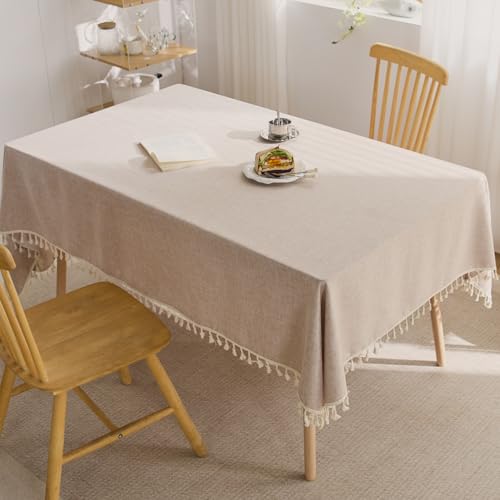 JoalGfda Mantel de Lino Impermeable al Aceite y Resistente a Las Manchas, Estilo Borla, Adecuado para la decoración de la Mesa Familiar Fiesta de Vacaciones etc (Color té lechoso)