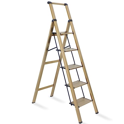 augtarlion 5 Step Ladder, Aluminum Folding Step Stool with Convenient Handgrip, Lightweight Step Ladder with Anti-Slip Sturdy Pedal for Home, Kitchen and Office, Champagne, 330 Lbs Capacity