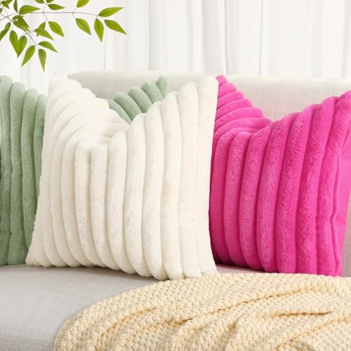 decorUhome Faux Fur Cushion Covers 45x45 cm Set of 2, Decorative Soft Plush Striped Neutral Pillow case 18X18 Inch with Velvet Back for Sofa, Bed, Living Room Home Decor, Cream White