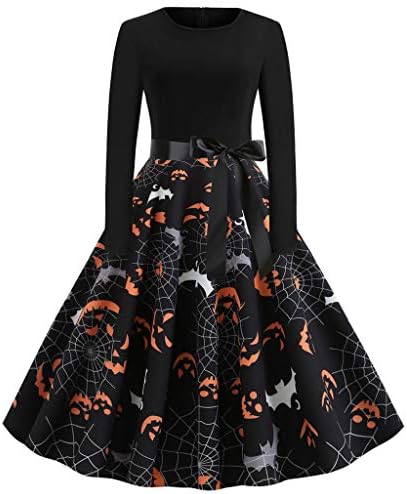 VJGOAL Halloween Fashion Womens Dresses Plus Sizes Retro Bow Waist Print Long Sleeve Party Festive Ball Dress