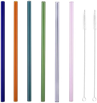 MIXIAO® Multicolour Glass Straws Straight 8.5 in x 10 mm - 6 Pack With 2 Cleaning Brush Reusable Drinking Straws - Premium Glass - Healthy, Eco Friendly, BPA Free, Very Sturdy - Milkshake and Smoothie