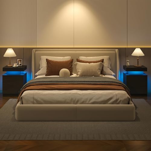SiliBamb Nightstand Set of 2 with LED Lights, Night Stand with Storage Cabinet for Bedroom, Bedside Table with LED, Black