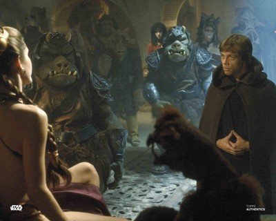 Star Wars Authentics: Carrie Fisher and Mark Hamill as Luke Skywalker and Princess Leia Organa with Gamorrean Guards in 'Star Wars: Return of The Jedi' 8x10 Official Photo