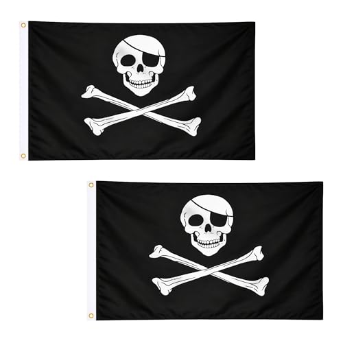2 Pcs Jolly Roger Skull and Crossbones Pirate Flag 5ft x 3ft with Brass Eyelets – Polyester Pirate Banner for Halloween Parties, Bar & Garden Decor, Bar, Boat & Garden Decor