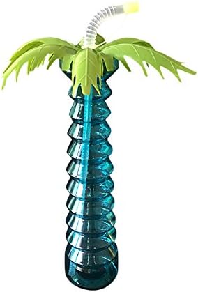 Birdfly Party Tree Palm Cups with Flexible Straw Beach Vibes Large Capacity Sodas Coffee Milk Juice Drinks Reusable Plastic Cups (Blue)