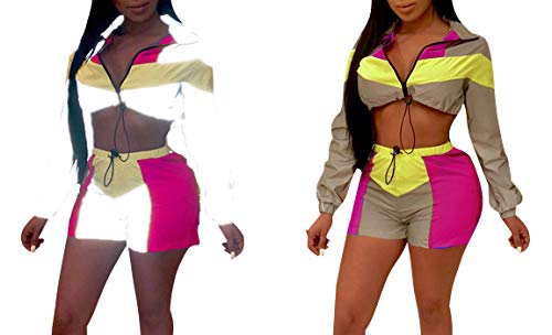 ECHOINE Women's Sexy Bodycon Jumpsuits 2 Piece Outfits Long Sleeve Jacket Short Pants Tracksuit Set Plus Size Pink L