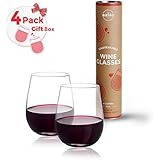 Unbreakable Stemless Wine Glasses | Set of 4 | Perfect Gift Box | 100% Tritan Shatterproof Plastic | 16oz | Dishwasher Safe | By Yo Bistro