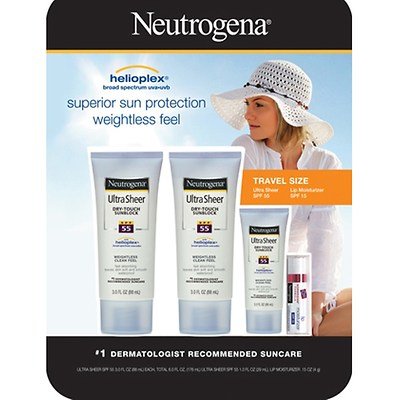Neutrogena Ultra Sheer Dry-touch Sunblock, 3 Oz., 2-pk with Travel-size Sunblock and Lip Moisturizer