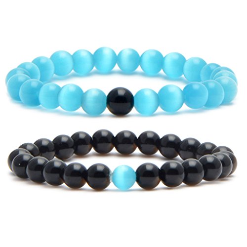 MIKINI His and Her Couple Distance Bracelets Healing Energy Balance Stone Beads Bracelets - Pack of 2 (Natural Black Obsidian & Syn Blue Cat's Eye Stone)