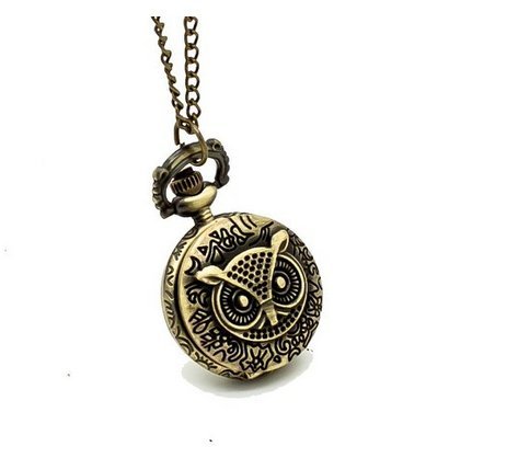RSSP Women's Ladies Bronze Tone Owl Hunter Case Floral Necklace Pocket Watch