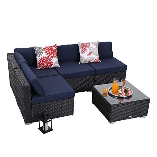 Phi Villa 5 Piece Outdoor Furniture Set Rattan Wicker Patio Sectional Sofa With Tea Table Blue Beachfront Decor