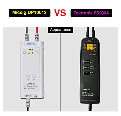Micsig DP10013 Differential High Voltage Probe, 1300V 100MHz 3.5ns Rise Time 50X/500X Attenuation Rate, Tektronix P5200A P5205A P5210A