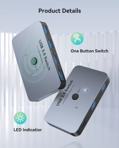 ABLEWE - Interruptor USB, conmutador USB de aluminio, 2 computadoras que comparten 4 dispositivos USB para PC y escáner, teclado de mouse con 2 cables USB 3.0