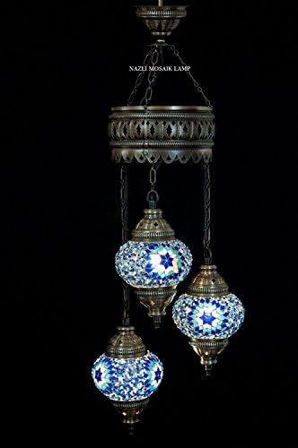 3 Globes Chandelier Lamp Ceiling Hanging Handmade Turkish Mosaic Glass Art Moroccan Lantern Light with Bulbs, 23.5" (60 cm) Height - 4.7" (12 cm) Diameter, Pendant Arabian Tiffany (Igloo)