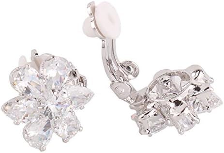 Grace Jun Bridal AAA CZ Flower Shape Platinum Plated Clip on Earrings Non Piercing for Women
