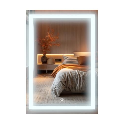 Espelho jateado lapidado decorativo Retangular Vertical ou horiontal 70x50cm luz led touch Dimerisável luxo iluminado (Led frio)