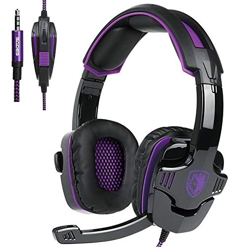 Gaming Headset With Microphone SADES SA930 3.5mm Gaming Headset For Xbox One/PS4/PC/Laptop/Computer/Smartphones/Noise Reduction Game Earph Game Earph with Surround Sound Stereo (Black+Purple)
