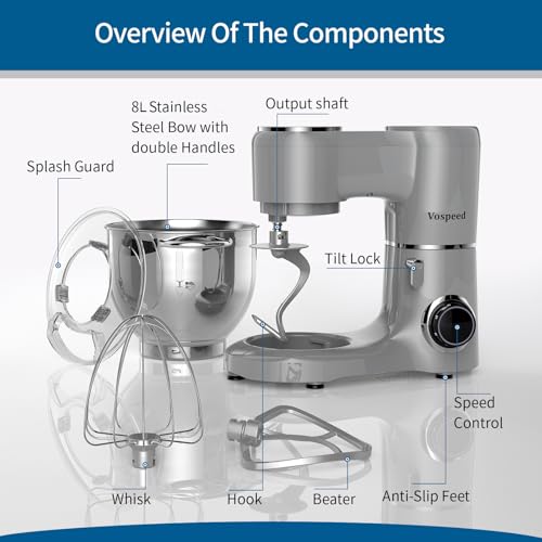 Vospeed Stand Mixer 8L Cake Mixer Electric Kitchen Food Mixer with Stainless Steel Bowl, Beater, Dough Hook, Whisk for Baking, Dishwasher Safe (Grey)