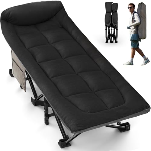 Cama de Camp Plegable con Colchón - Cama de Camp Plegable 190 x 70 x 40 cm - Soporta hasta 250 kg - Tela Oxford con Bolsillo Lateral - Bolsa de Transporte para Camping Jardín Oficina - Negro