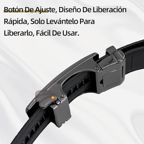 FEFLO Men's Leather Belt, Elegant Black Buckle Ratchet Automatic Closure Leather Without Holes Belt, Width 35 mm, Size Adjustable, Suitable for Suit Jeans