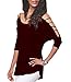 iGENJUN Women's Casual Loose Hollowed Out Shoulder Three Quarter Sleeve Shirts,Burgundy,L