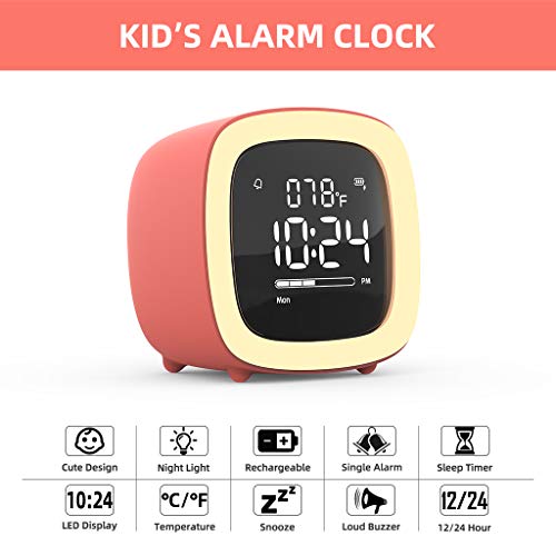 Kids Alarm Clock, Cute-TV Night Light Alarm Clock for Kids, Girls, Children, Bedroom, Rechargeable Battery Operated Alarm Clock with Sleep Timer, Indoor Thermometer - Living Coral