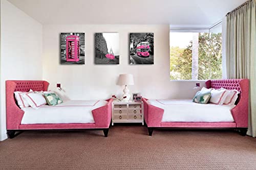 Girls Pink Paris Theme Room Decor Wall Art Paris Eiffel Tower Decor for Bedroom for Canvas Black and White Art Eiffel Tower Pictures Decorations London Big Ben Tower Eiffel Tower Painting Framed