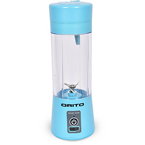 Click Here to See More Images ORITO Mini Blender Personal Portable Rechargeable Smoothie Juicer with Four Stainless Steel Blades and USB Charger Cable 380ml(13 oz) Great Power Travel Fruit Juice Extractor Mixer,Blue