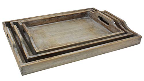 Vintage Rustic Torched Wood Country Nesting Breakfast Trays – White Washed Tray Set For Serving Breakfast, Coffee, Lunch, or Dinner – 3 Piece