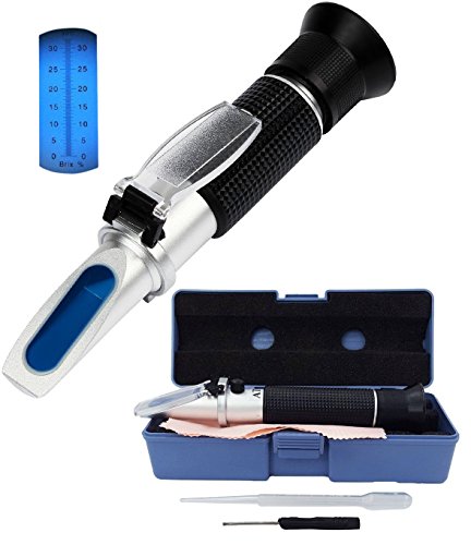 Brix Refractometer, Professional Hand held Sugar Level Test Meter Food Fruit Beverages Honey Content Homebrew Specific Measurement Tool with ATC/Brix Range 0~32%