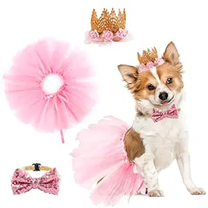 BINGPET Dog Dress Girl - Puppy Birthday Party Supplies - Cute Tutu Skirt Bowtie and Crown Hat Set, Pink Gift for Small Dogs Cat