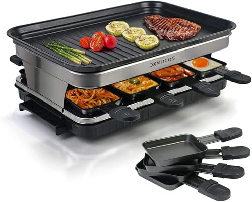 Dxmocos Raclette Grills Indoor Raclette Machine, Grill for 8 with Non-Stick Coating Plate, 8 Mini Pans, 1500W Adjustable Temperature Control for 8 Person
