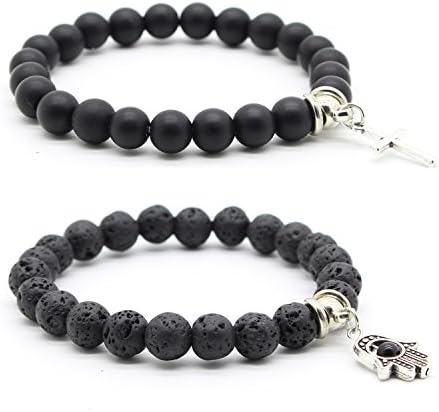 Celeisure 2Pcs Hamsa Hand of Fatima Beads Bracelet Lava Rock Frosted Agate Cross Buddha Bracelet