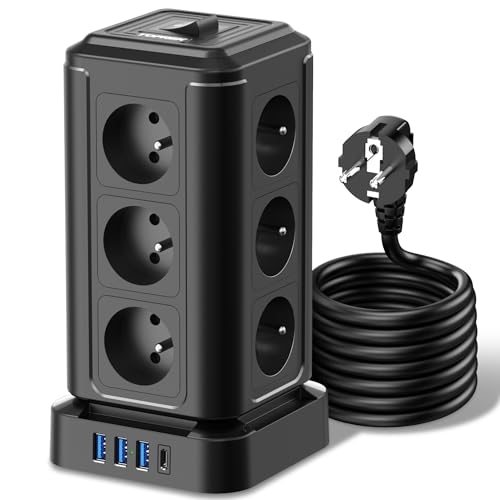 TOPREK Power Strip Tower with 12 French AC Sockets and 1 USB C (20W PD3.0) and 3 USB A and 2 M Electric Extension Cable and 1 Switch, 4000W/16A, Surge Arrester Power Strip for Office and Home, Black