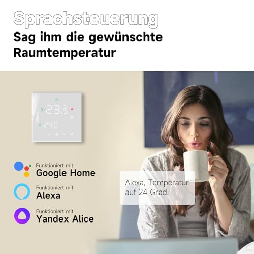 Beok Thermostat Underfloor Heating Smart, WiFi Room Thermostat for Water Underfloor Heating Thermostats Heating Digital LCD Programmable Compatible with Alexa, Google Home 3A 230V TGW60W-WIFI-WP White