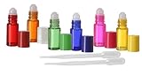 6 Aromatherapy Glass Roll On Bottles 4ml, Rainbow Assorted Colors by Grand Parfums -Set of 6 Colored Rollon Perfume Bottles - Dram Size