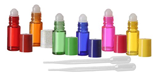 6 Aromatherapy Glass Roll On Bottles 4ml, Rainbow Assorted Colors by Grand Parfums -Set of 6 Colored Rollon Perfume Bottles - Dram Size