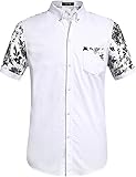 SSLR Men's Flowered Regular Fit Short Sleeve Button Down Shirts (X-Large, White Black)