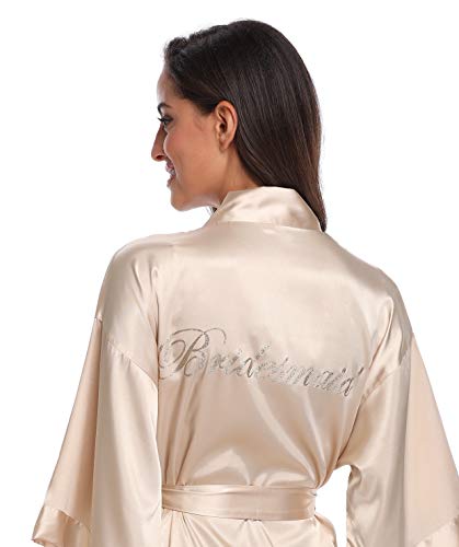 Women's Silky Bride Bridesmaid Kimono Robes Short Wedding Party Getting Ready Robe Dressing Gown with Gold Glitter, Bridesmaid Champagne M - Thumbnail 5