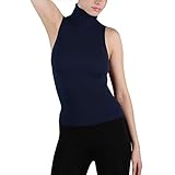Seamless Ribbed Sleeveless Mock Neck Turtleneck Shaping Tank Top Hot Tee (Navy Blue)