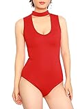May&Maya Women's Mock Neck Plunging V-neckline Bodysuit (M, Red)