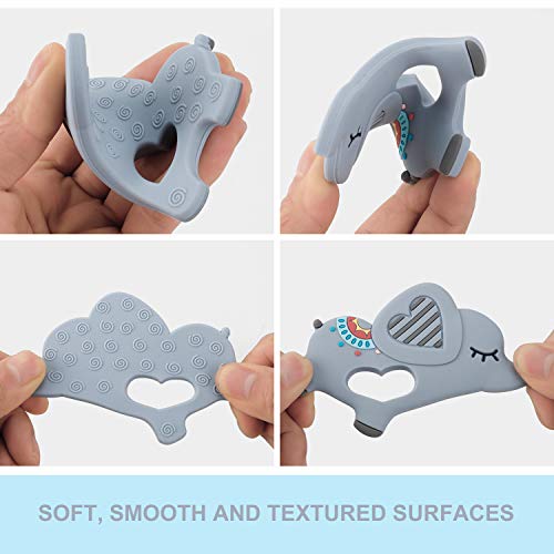 Slotic Baby Teething Toys, Elephant Teether Pain Relief Toy with Pacifier Clip Holder Set for Newborn Babies, Freezer Safe Neutral Shower Gift, Soft & Textured Stocking Stuffers for Boy and Girl Grey