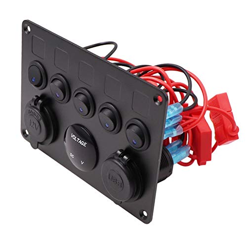 Boat Switch Panel 5 Gang Waterproof with Circuit Breakers Toggle Rocker Switch 4.2A Dual USB Charger Cigarette Lighter Socket for RV Car Boat Vehicles Truck Trailer Yacht (GREEN)